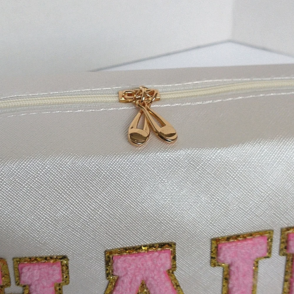 New Chenille Varsity Lettered Makeup / Hair Products Bag - Pearl White/Pink